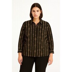 Rebecca Malone L Chain Print Button Long Roll Tab Sleeve Blouse Office Top